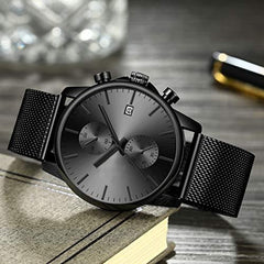 Source Factory(MOQ: 50 PCS)—Mens Watch Fashion Sleek Minimalist Quartz Analog Mesh Stainless Steel Waterproof Chronograph Watches for Men with Auto Date