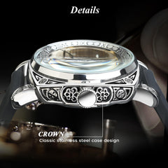 Source Factory(MOQ: 50 PCS)—Watches for Man Square Retro Mechanical Watch Self-Wind Carved Skeleton Automatic Watches Vintage Leather Strap Wristwatch