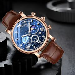 Source Factory（MOQ: 50 PCS）—Men's Classic Multifunctional Military Sports Analog Watch Business Dress Waterproof Luminous Chronograph Starry Sky Moon Phase Leather Wristwatch
