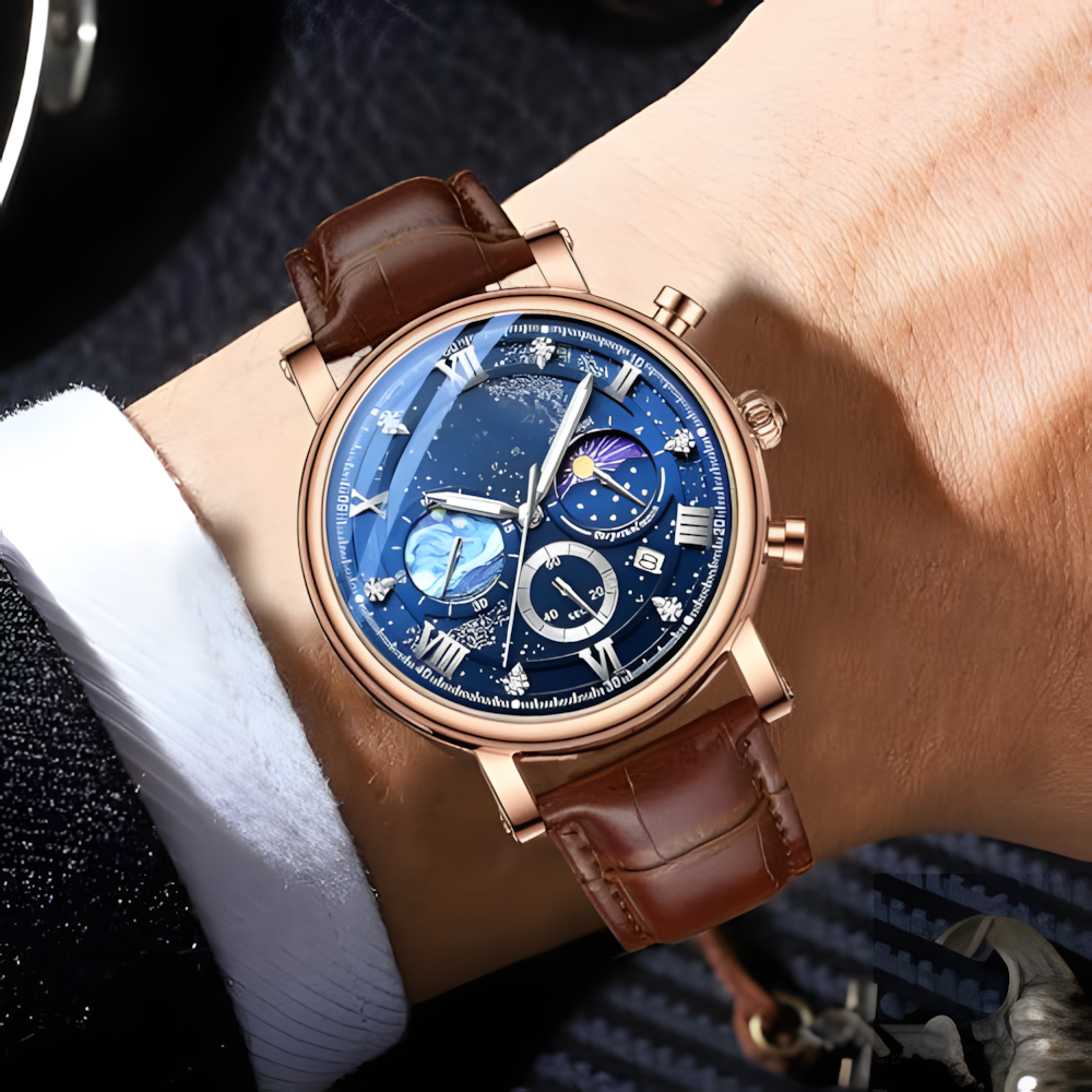 Source Factory（MOQ: 50 PCS）—Men's Classic Multifunctional Military Sports Analog Watch Business Dress Waterproof Luminous Chronograph Starry Sky Moon Phase Leather Wristwatch