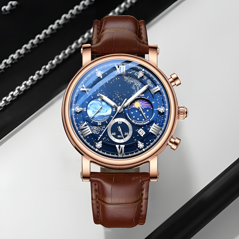 Source Factory（MOQ: 50 PCS）—Men's Classic Multifunctional Military Sports Analog Watch Business Dress Waterproof Luminous Chronograph Starry Sky Moon Phase Leather Wristwatch