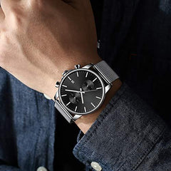 Source Factory（MOQ: 50 PCS）—Mens Watch Fashion Sleek Minimalist Quartz Analog Mesh Stainless Steel Waterproof Chronograph Watches for Men with Auto Date