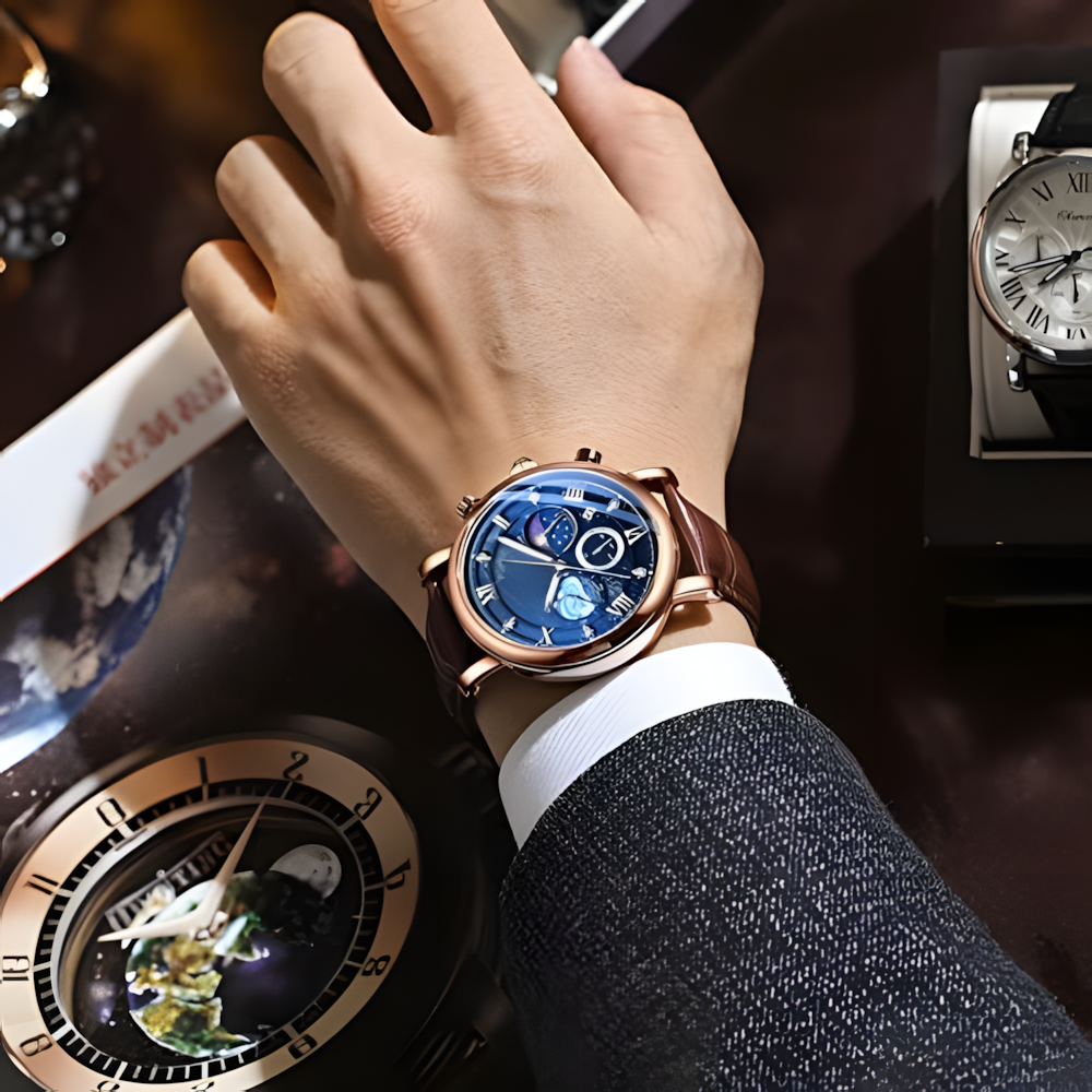 Source Factory（MOQ: 50 PCS）—Men's Classic Multifunctional Military Sports Analog Watch Business Dress Waterproof Luminous Chronograph Starry Sky Moon Phase Leather Wristwatch