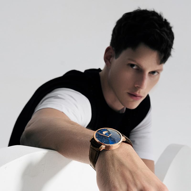 Source Factory（MOQ: 50 PCS）—Luxury Automatic Mechanical Watch, Original Men Watch with 3D Starry Sky Moon Phase Watch Dial Skeleton Leather Men's Wrist Watch