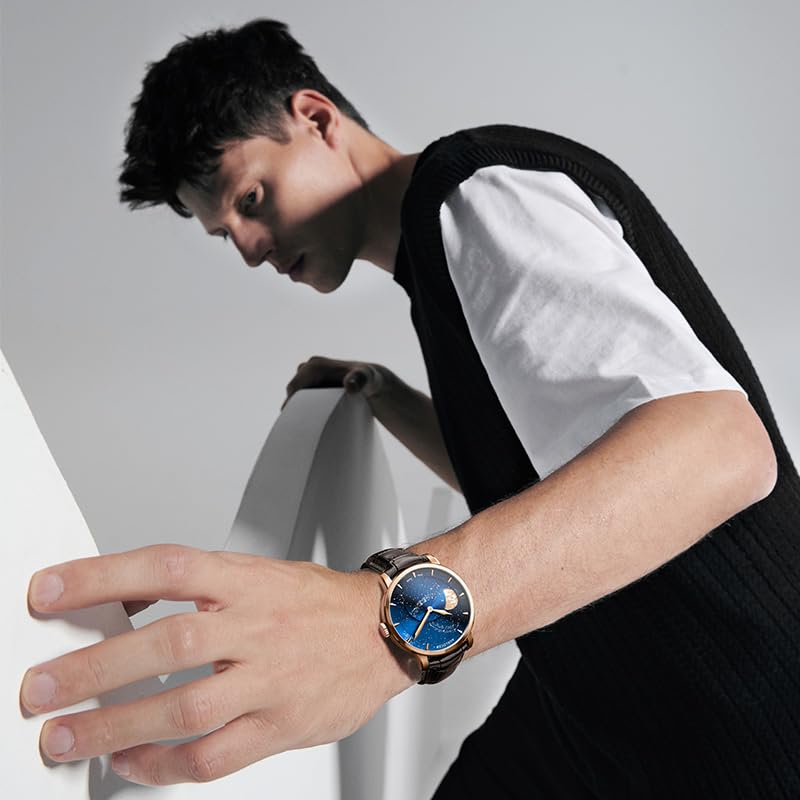 Source Factory（MOQ: 50 PCS）—Luxury Automatic Mechanical Watch, Original Men Watch with 3D Starry Sky Moon Phase Watch Dial Skeleton Leather Men's Wrist Watch
