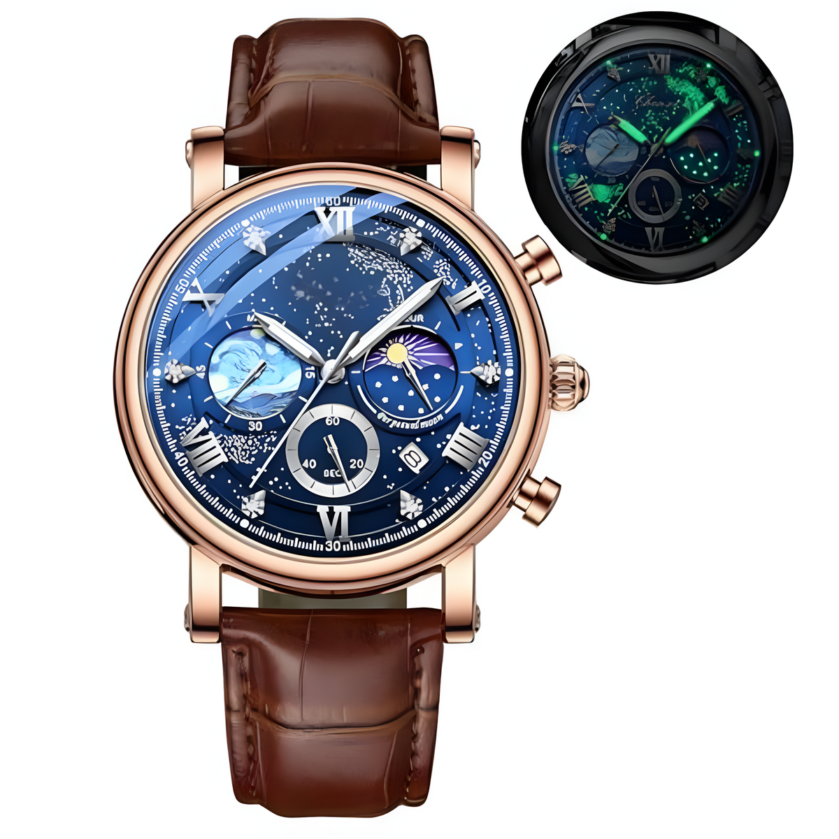 Source Factory（MOQ: 50 PCS）—Men's Classic Multifunctional Military Sports Analog Watch Business Dress Waterproof Luminous Chronograph Starry Sky Moon Phase Leather Wristwatch