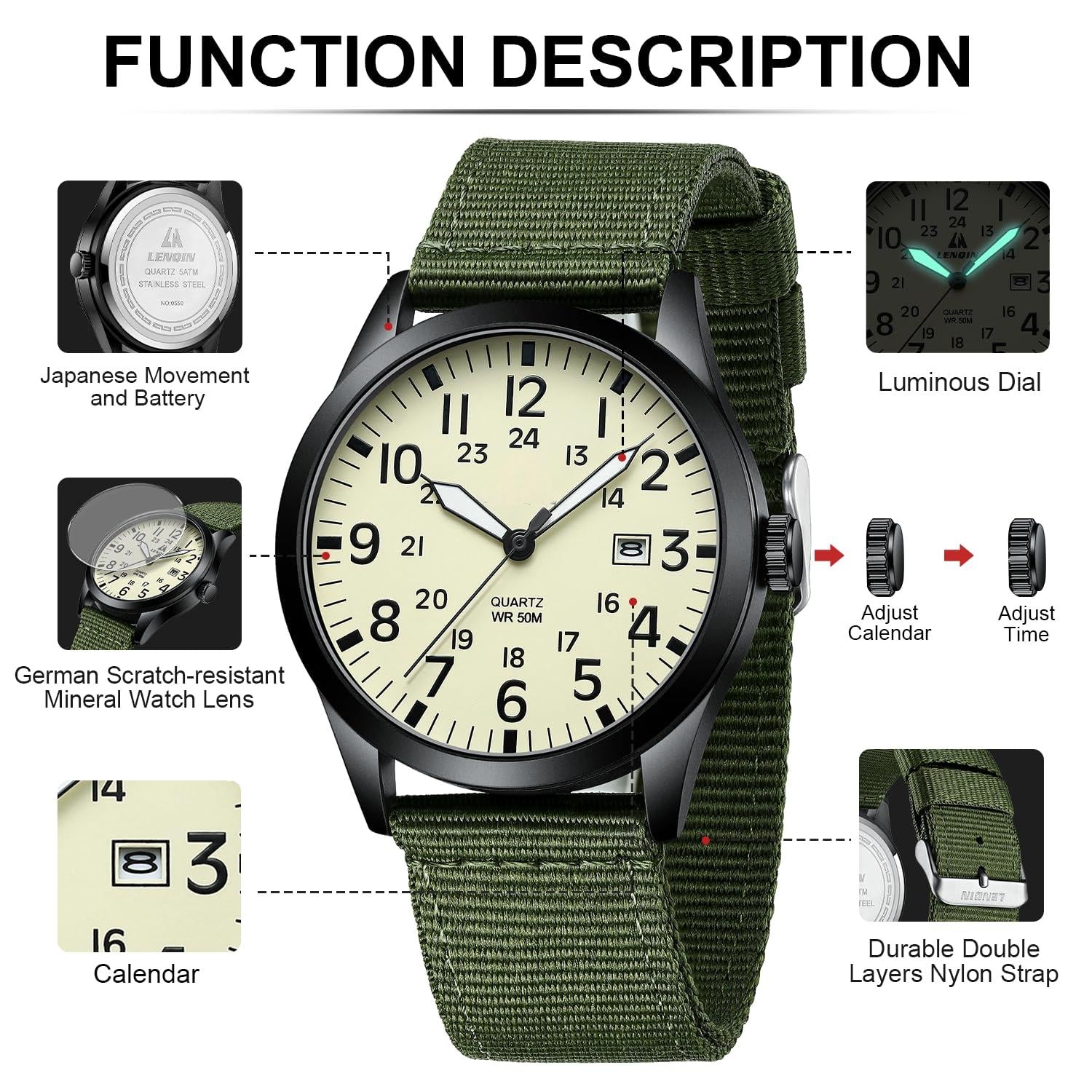 Source Factory（MOQ: 50 PCS）—Mens Watches Unisex Military Sport Nylon Strap Stylish Luminous Fashion Analog Quartz Watch for Men Waterproof Army Tactical Casual Wristwatch
