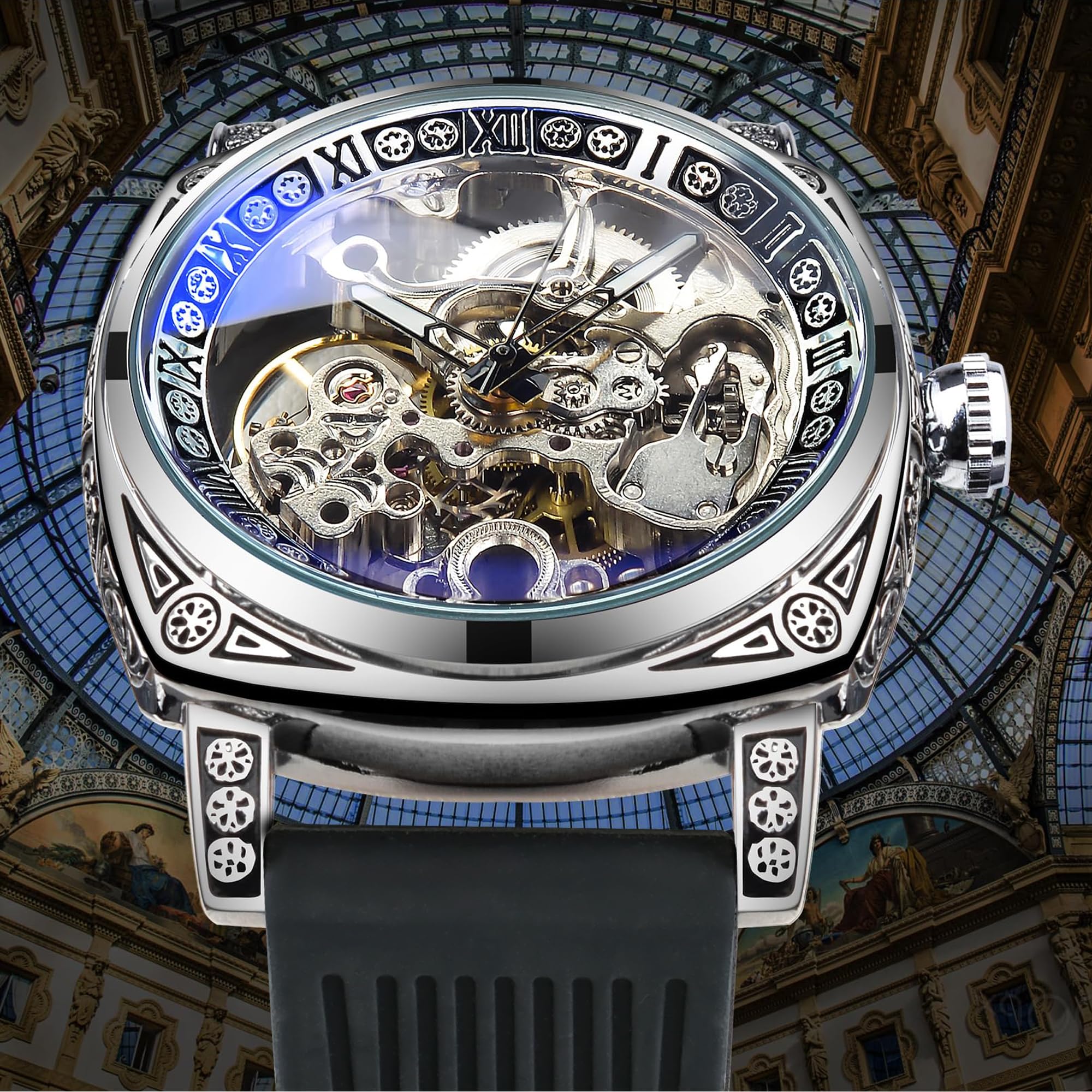 Source Factory（MOQ: 50 PCS）—Watches for Man Square Retro Mechanical Watch Self-Wind Carved Skeleton Automatic Watches Vintage Leather Strap Wristwatch