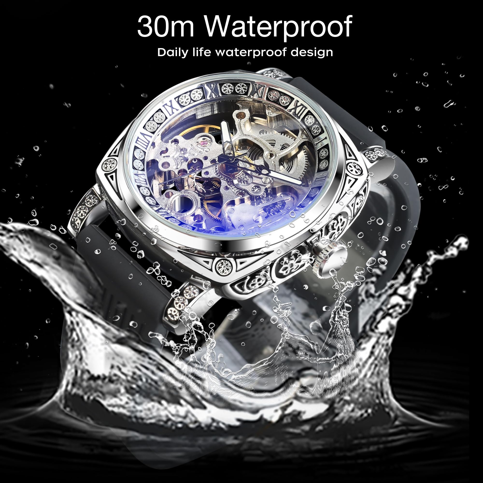 Source Factory（MOQ: 50 PCS）—Watches for Man Square Retro Mechanical Watch Self-Wind Carved Skeleton Automatic Watches Vintage Leather Strap Wristwatch
