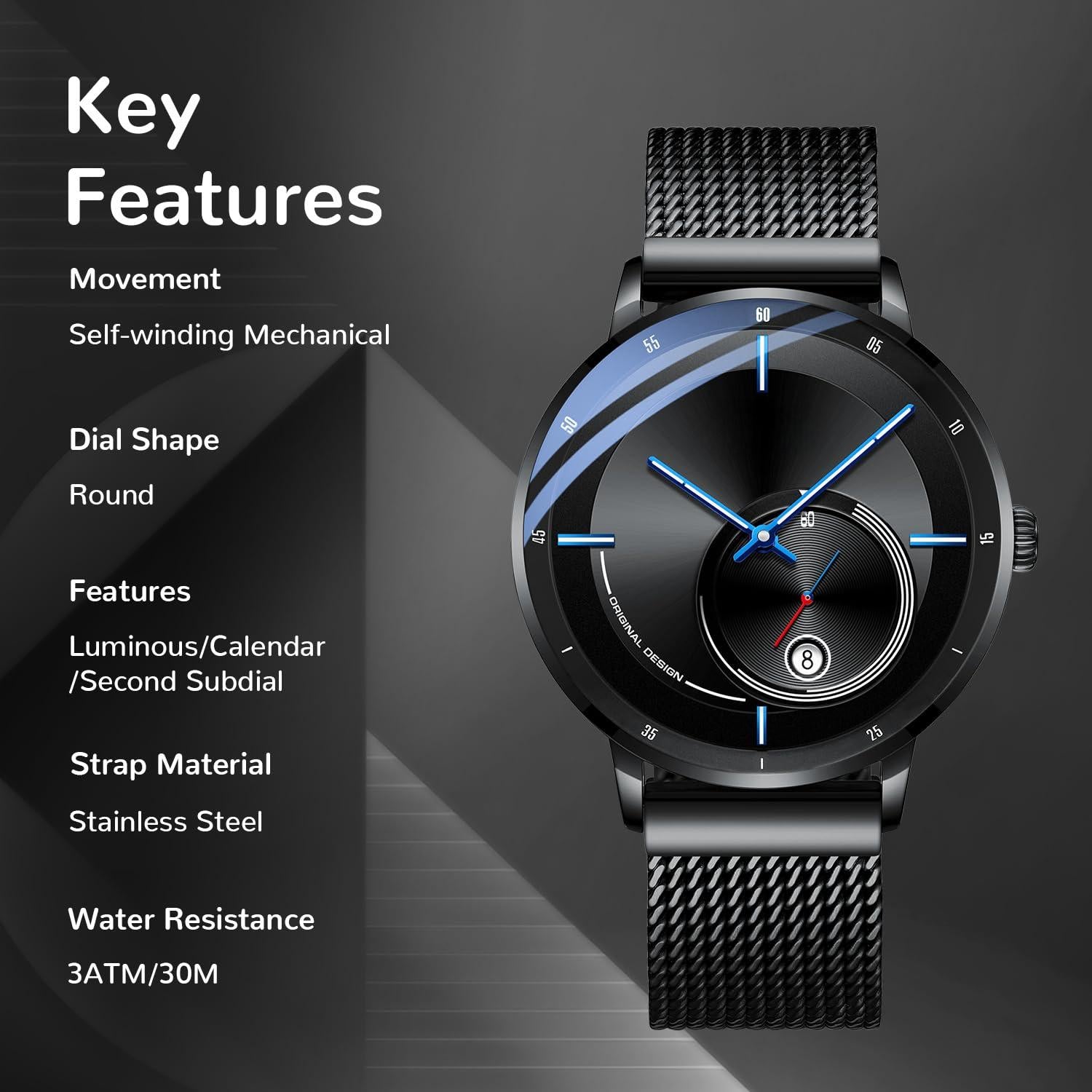 Source Factory（MOQ: 50 PCS）—Automatic Watches for Men - Original Mechanical Movement, Mineral Glass, 3ATM/30Meters Waterproof Wristwatch, Stainless Steel Case, Calendar & Luminous Hands, Minimalist Self-Winding Watch, Gift for Male