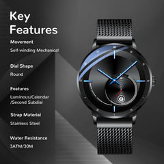 Source Factory（MOQ: 50 PCS）—Automatic Watches for Men - Original Mechanical Movement, Mineral Glass, 3ATM/30Meters Waterproof Wristwatch, Stainless Steel Case, Calendar & Luminous Hands, Minimalist Self-Winding Watch, Gift for Male