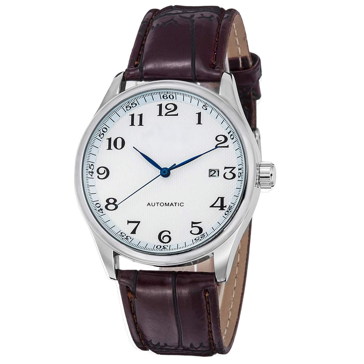Source Factory（MOQ: 50 PCS）—Classic Mechanical Watch white Dial Blue Hands PU Band Self-wind Men-standard