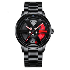 Source Factory（MOQ: 50 PCS）—Car Wheel Watch Stainless Steel Mens Wristwatch with Spinning Car Rim Hub Design, Japanese Quartz Movement Water Resistant Scratch Resistant Gifts for Car Enthusiasts