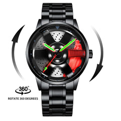 Source Factory（MOQ: 50 PCS）—Car Wheel Watch Stainless Steel Mens Wristwatch with Spinning Car Rim Hub Design, Japanese Quartz Movement Water Resistant Scratch Resistant Gifts for Car Enthusiasts