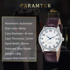 Source Factory（MOQ: 50 PCS）—Classic Mechanical Watch white Dial Blue Hands PU Band Self-wind Men-standard