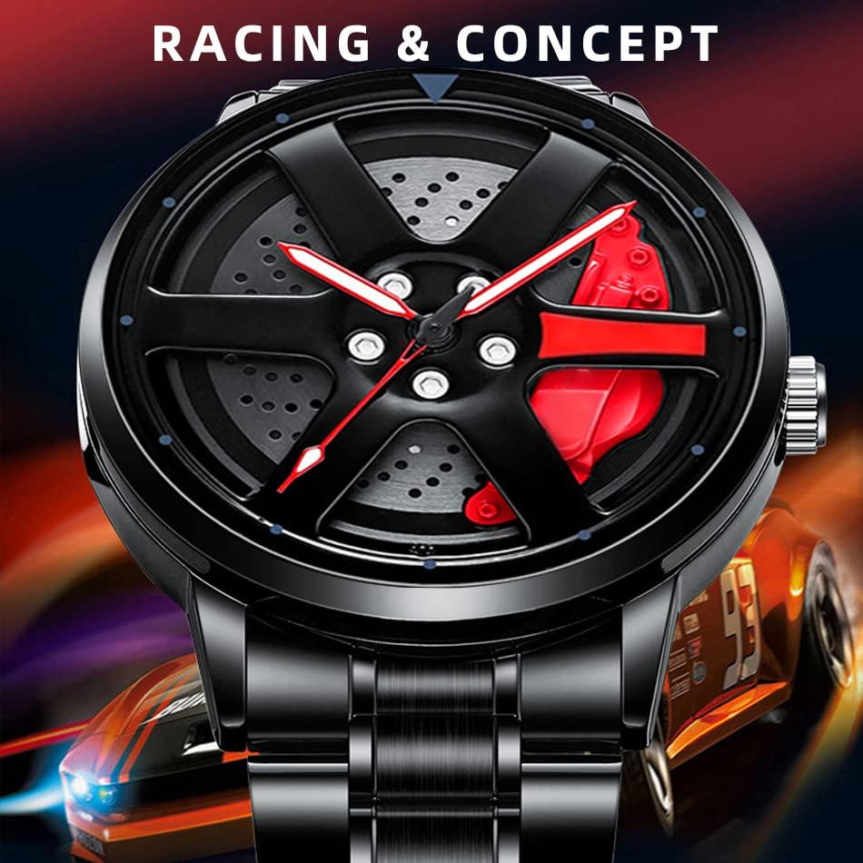 Source Factory（MOQ: 50 PCS）—Car Wheel Watch Stainless Steel Mens Wristwatch with Spinning Car Rim Hub Design, Japanese Quartz Movement Water Resistant Scratch Resistant Gifts for Car Enthusiasts
