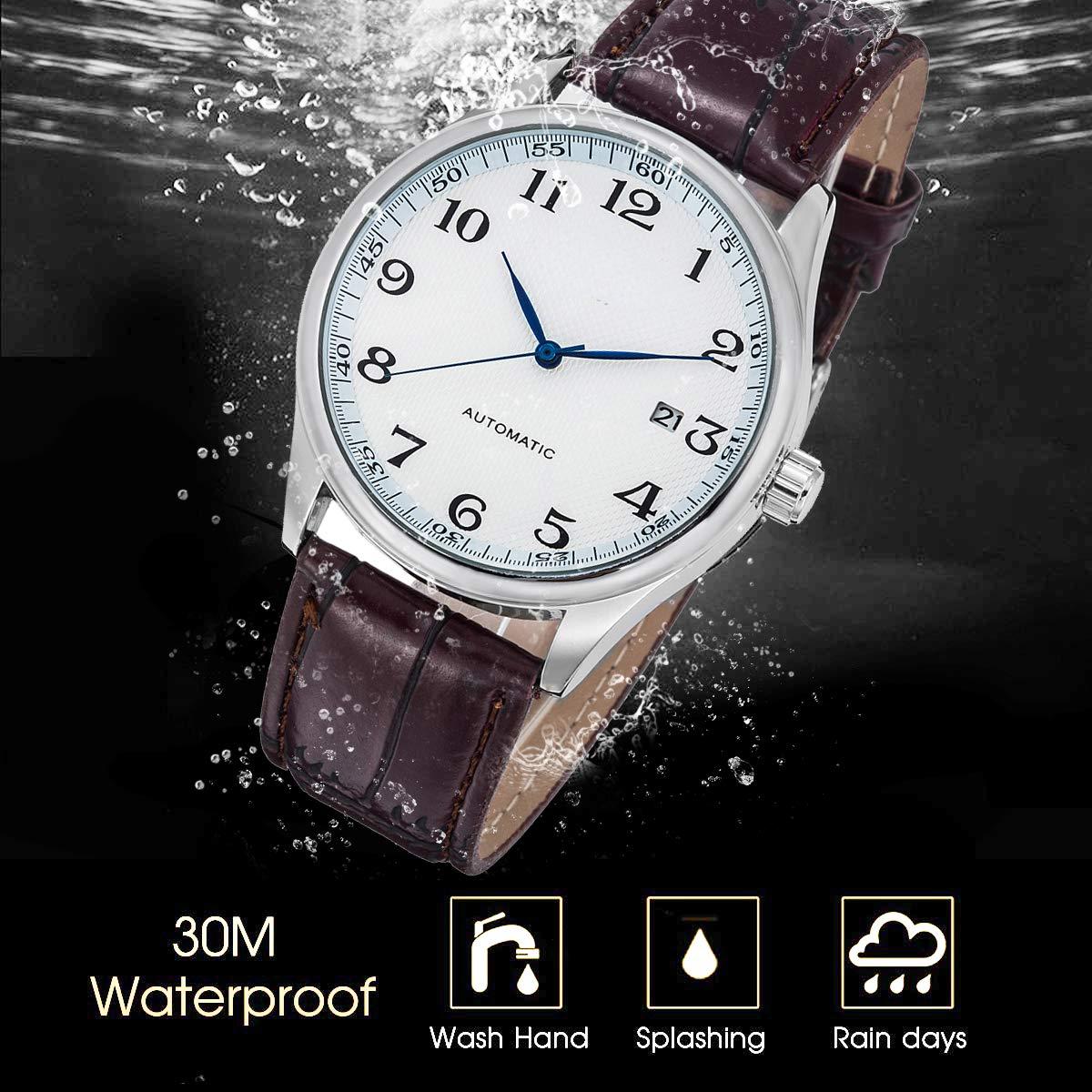 Source Factory（MOQ: 50 PCS）—Classic Mechanical Watch white Dial Blue Hands PU Band Self-wind Men-standard