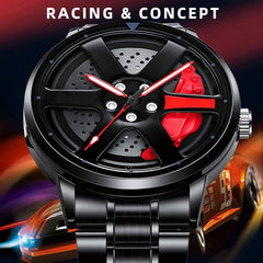 Source Factory（MOQ: 50 PCS）—Car Wheel Watch Stainless Steel Mens Wristwatch with Spinning Car Rim Hub Design, Japanese Quartz Movement Water Resistant Scratch Resistant Gifts for Car Enthusiasts