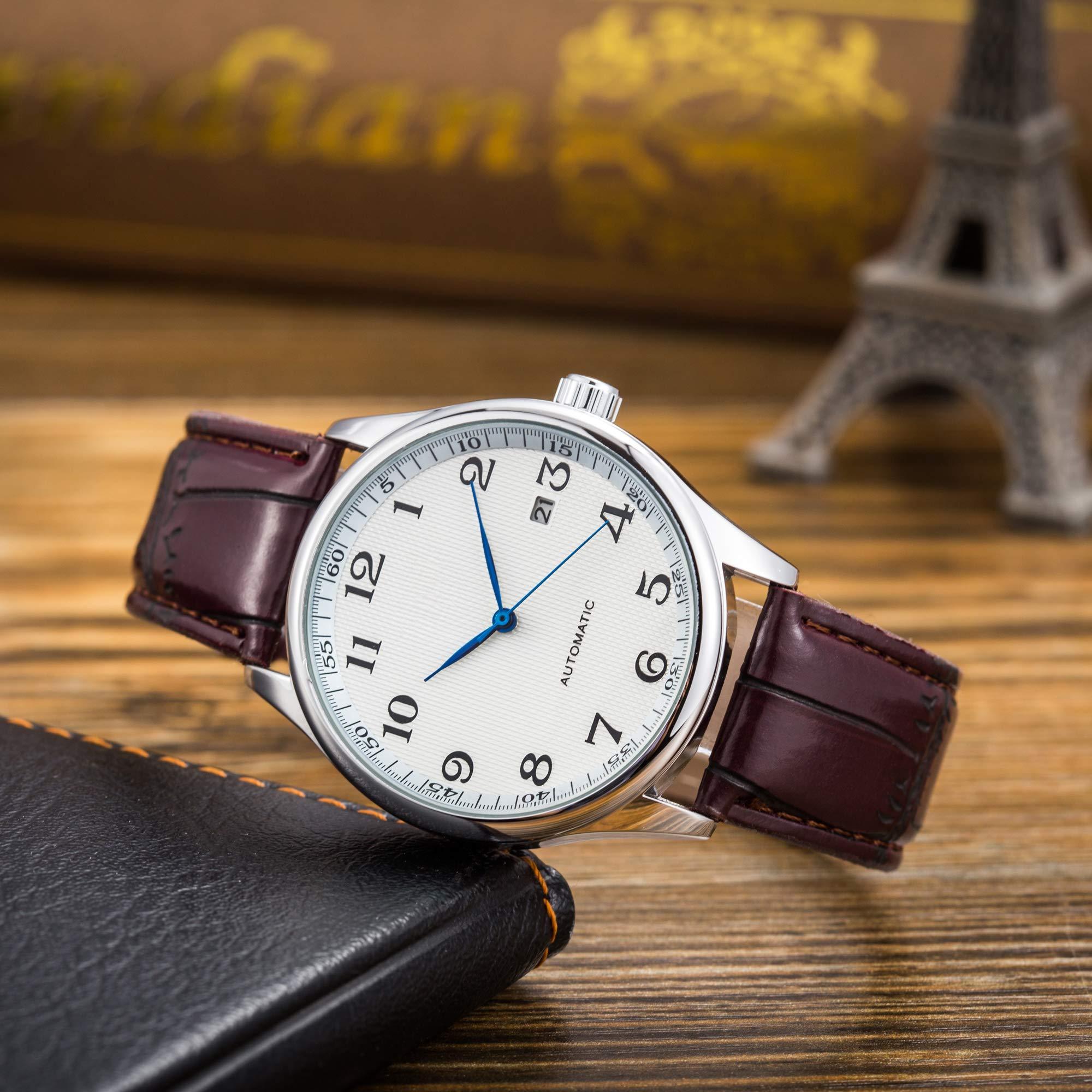 Source Factory（MOQ: 50 PCS）—Classic Mechanical Watch white Dial Blue Hands PU Band Self-wind Men-standard