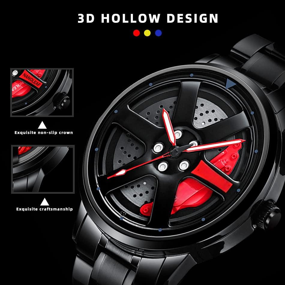 Source Factory（MOQ: 50 PCS）—Car Wheel Watch Stainless Steel Mens Wristwatch with Spinning Car Rim Hub Design, Japanese Quartz Movement Water Resistant Scratch Resistant Gifts for Car Enthusiasts