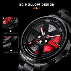 Source Factory（MOQ: 50 PCS）—Car Wheel Watch Stainless Steel Mens Wristwatch with Spinning Car Rim Hub Design, Japanese Quartz Movement Water Resistant Scratch Resistant Gifts for Car Enthusiasts