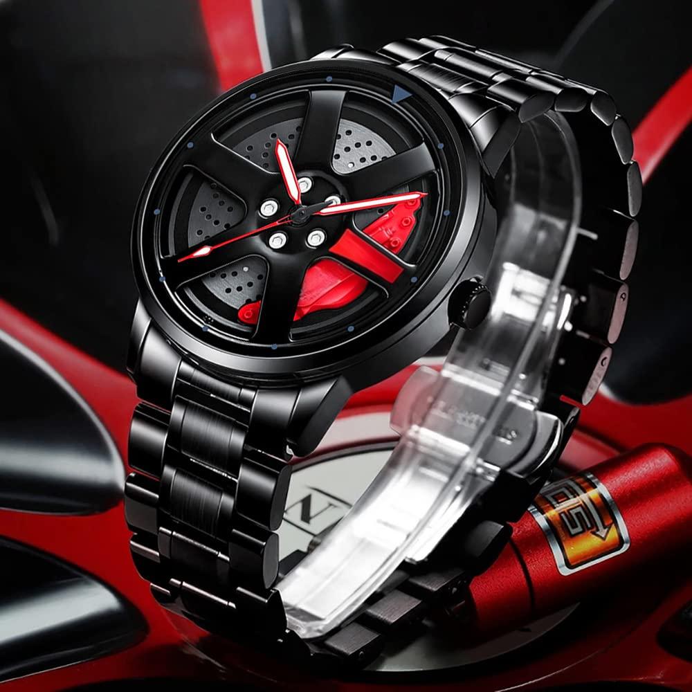 Source Factory（MOQ: 50 PCS）—Car Wheel Watch Stainless Steel Mens Wristwatch with Spinning Car Rim Hub Design, Japanese Quartz Movement Water Resistant Scratch Resistant Gifts for Car Enthusiasts