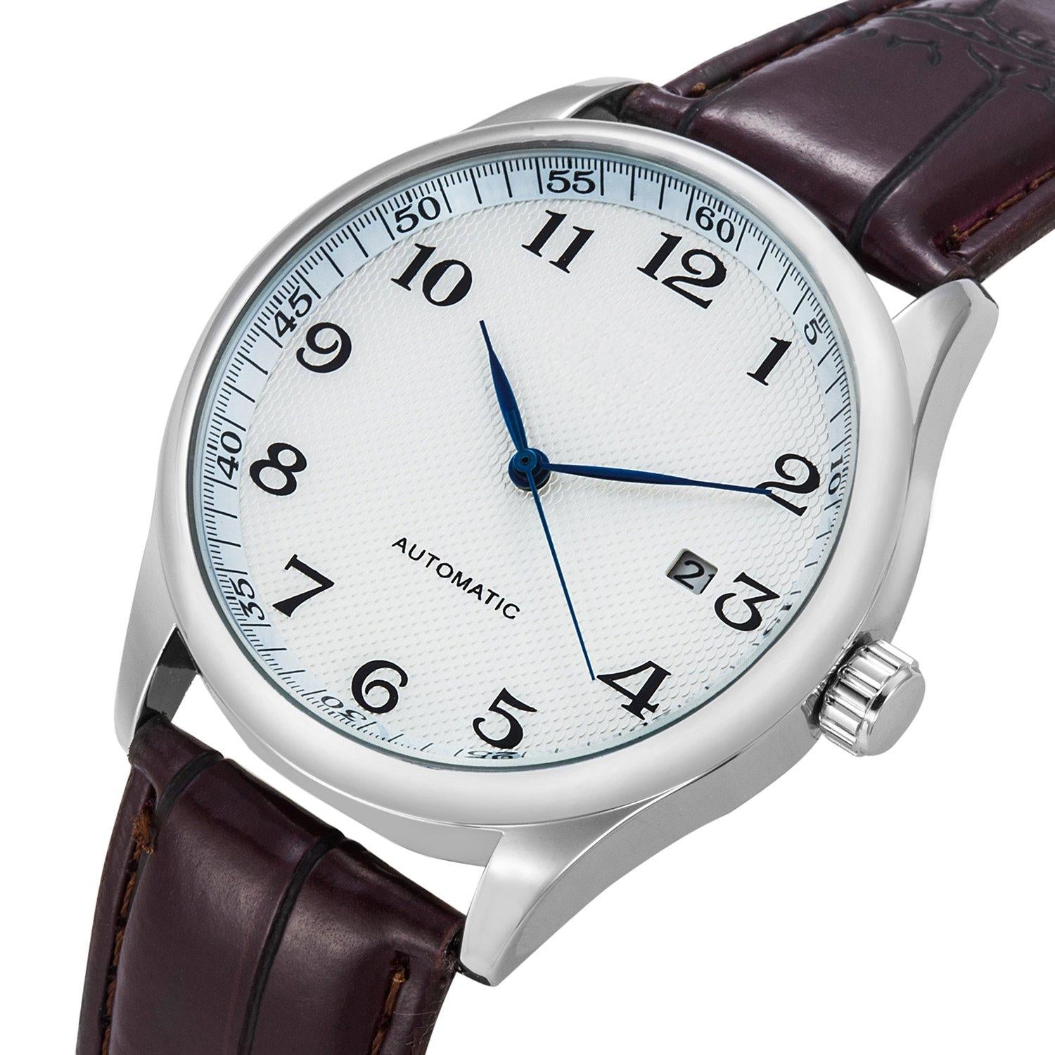 Source Factory（MOQ: 50 PCS）—Classic Mechanical Watch white Dial Blue Hands PU Band Self-wind Men-standard