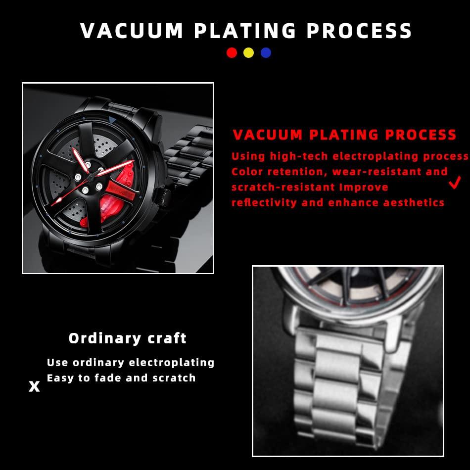 Source Factory（MOQ: 50 PCS）—Car Wheel Watch Stainless Steel Mens Wristwatch with Spinning Car Rim Hub Design, Japanese Quartz Movement Water Resistant Scratch Resistant Gifts for Car Enthusiasts