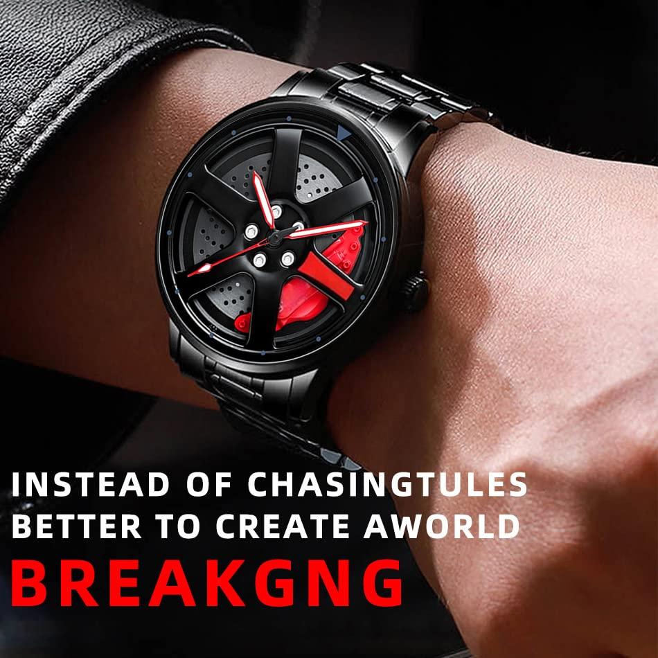 Source Factory（MOQ: 50 PCS）—Car Wheel Watch Stainless Steel Mens Wristwatch with Spinning Car Rim Hub Design, Japanese Quartz Movement Water Resistant Scratch Resistant Gifts for Car Enthusiasts