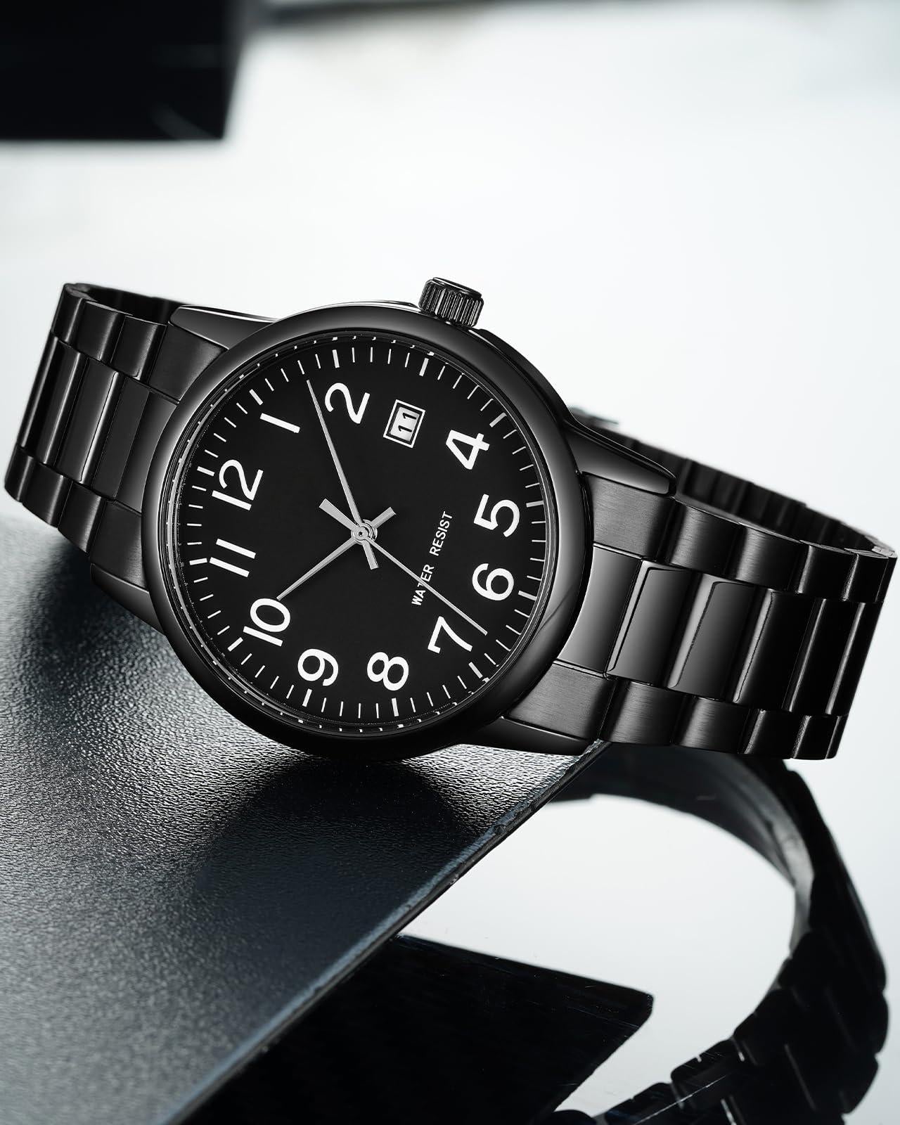 Source Factory（MOQ: 50 PCS）—Watches for Men Analog Quartz Waterproof Watch with Numeral Dial Easy to Read - Black Dress Mens Wrist Watch Stainless Steel Gifts for Husband Father at Birthday Anniversary