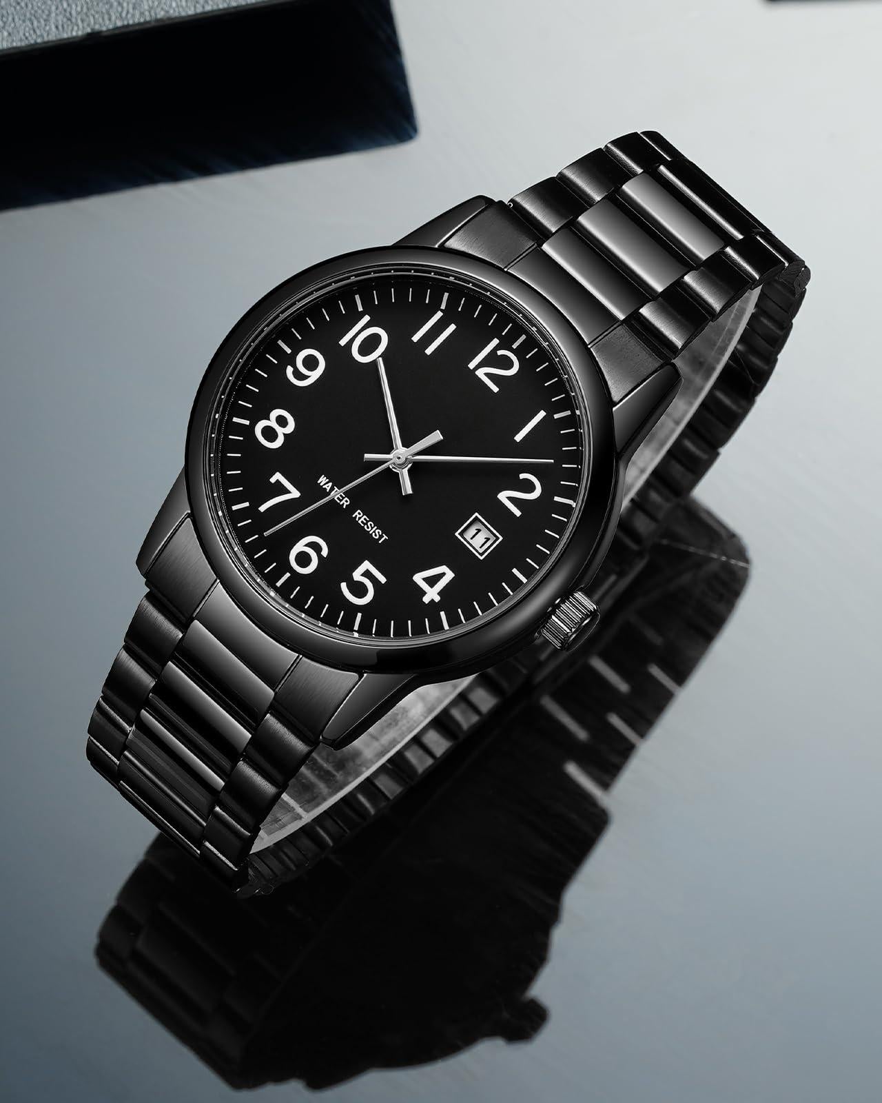 Source Factory（MOQ: 50 PCS）—Watches for Men Analog Quartz Waterproof Watch with Numeral Dial Easy to Read - Black Dress Mens Wrist Watch Stainless Steel Gifts for Husband Father at Birthday Anniversary