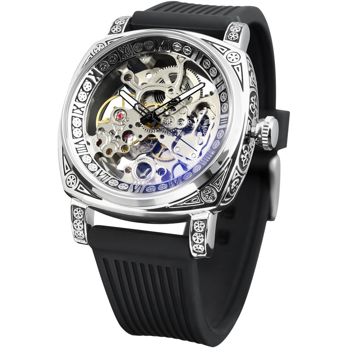 Source Factory（MOQ: 50 PCS）—Watches for Man Square Retro Mechanical Watch Self-Wind Carved Skeleton Automatic Watches Vintage Leather Strap Wristwatch