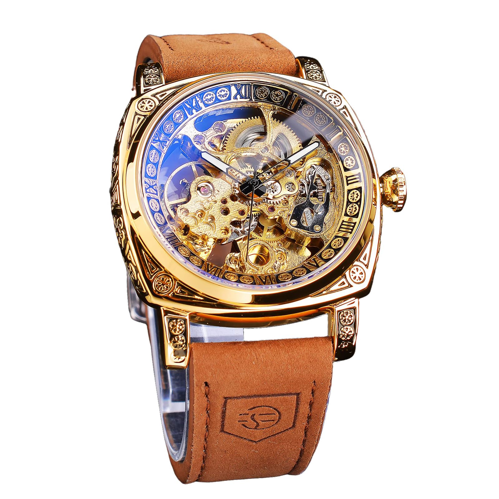Source Factory（MOQ: 50 PCS）—Watches for Man Square Retro Mechanical Watch Self-Wind Carved Skeleton Automatic Watches Vintage Leather Strap Wristwatch