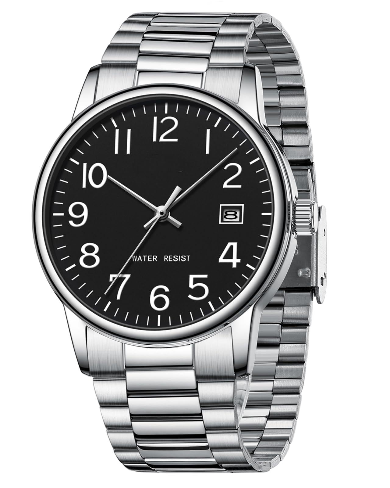 Source Factory（MOQ: 50 PCS）—Watches for Men Analog Quartz Waterproof Watch with Numeral Dial Easy to Read - Black Dress Mens Wrist Watch Stainless Steel Gifts for Husband Father at Birthday Anniversary
