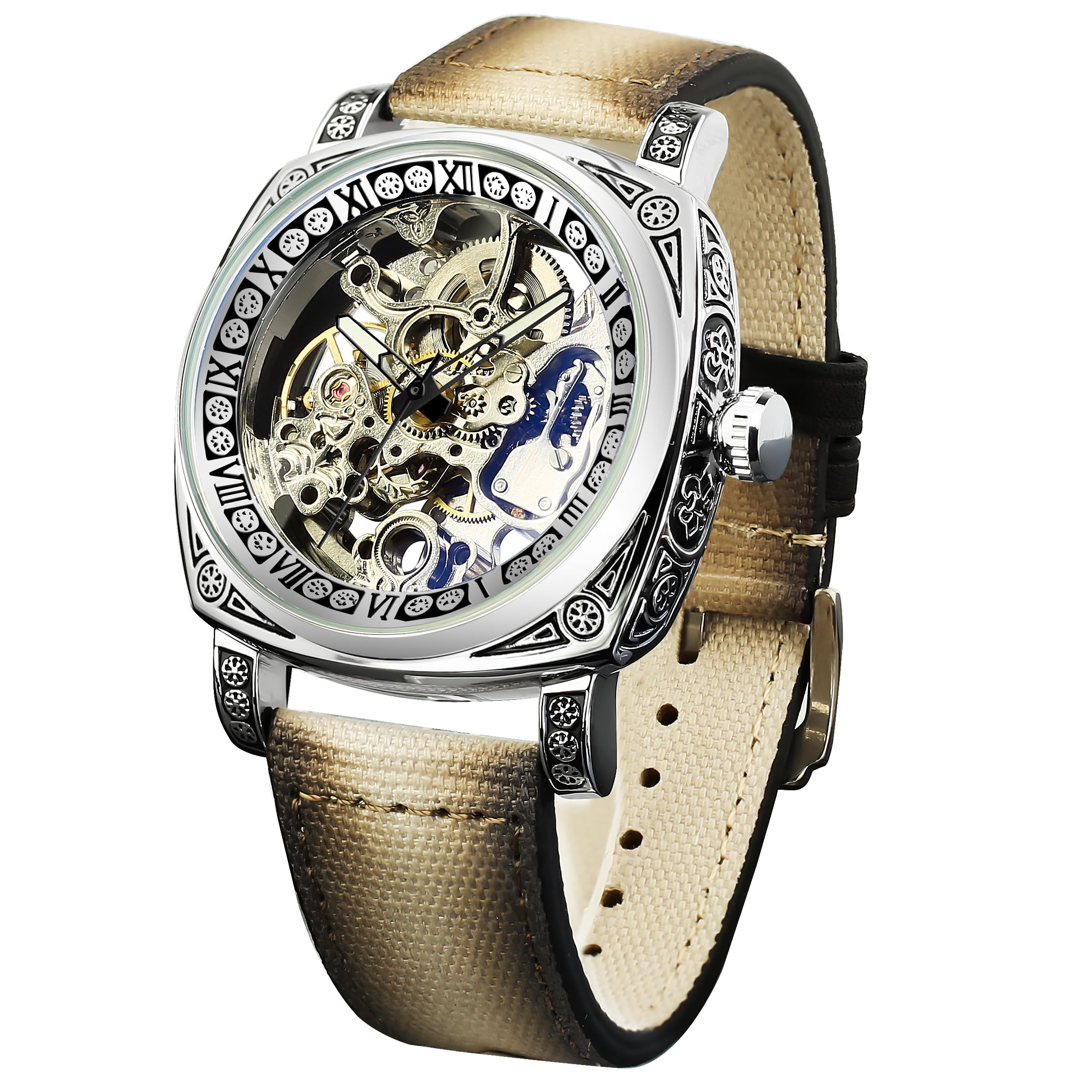 Source Factory（MOQ: 50 PCS）—Watches for Man Square Retro Mechanical Watch Self-Wind Carved Skeleton Automatic Watches Vintage Leather Strap Wristwatch