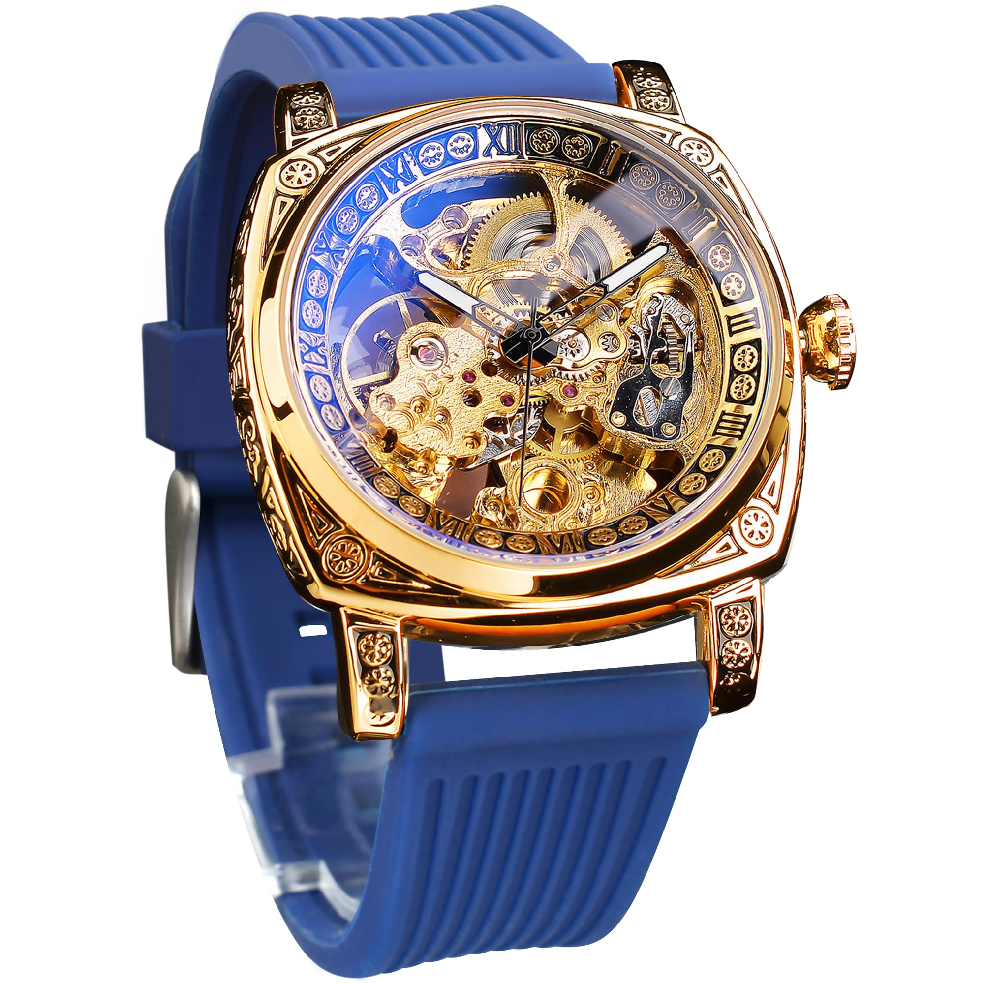 Source Factory（MOQ: 50 PCS）—Watches for Man Square Retro Mechanical Watch Self-Wind Carved Skeleton Automatic Watches Vintage Leather Strap Wristwatch