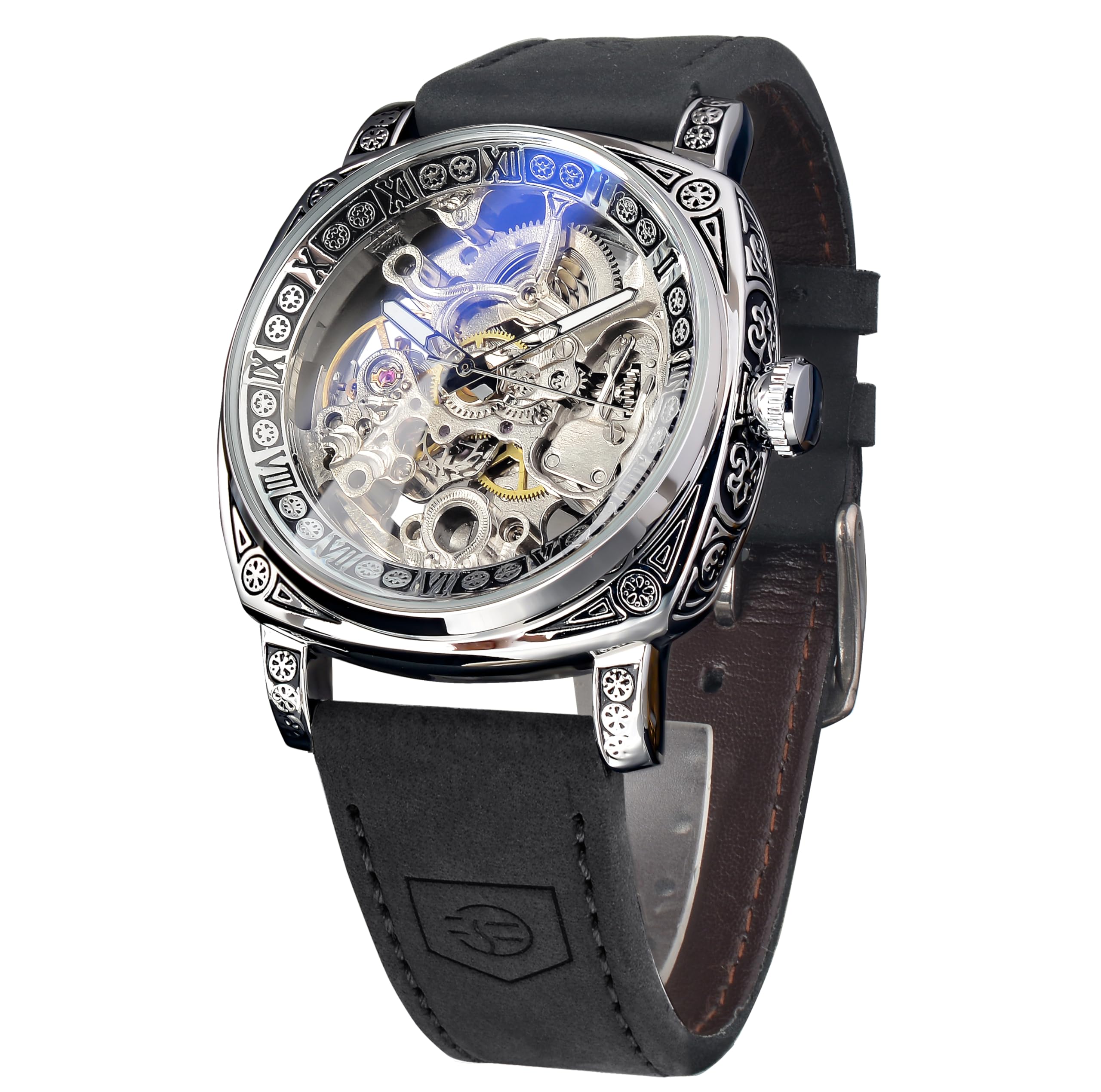 Source Factory（MOQ: 50 PCS）—Watches for Man Square Retro Mechanical Watch Self-Wind Carved Skeleton Automatic Watches Vintage Leather Strap Wristwatch