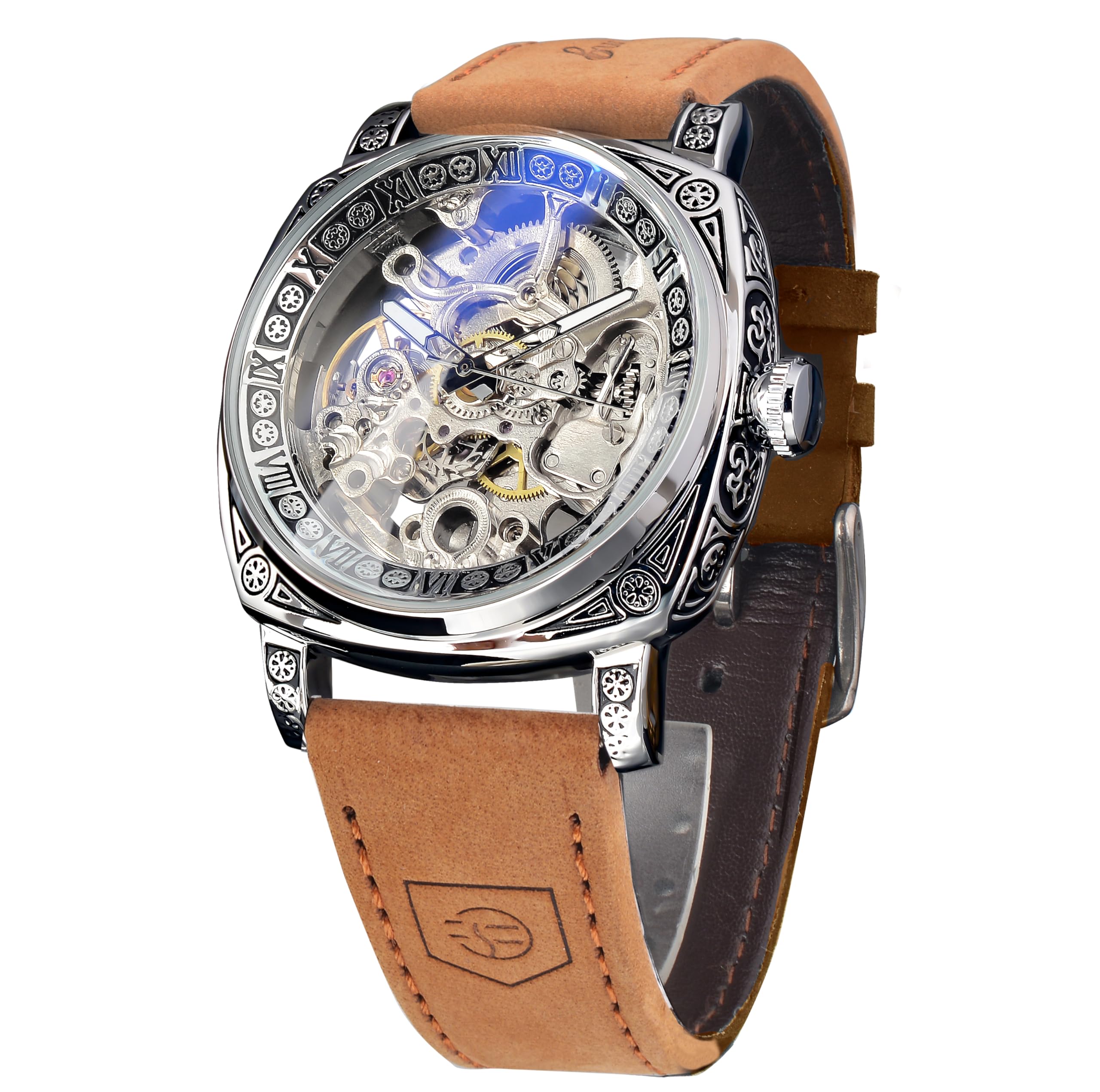 Source Factory（MOQ: 50 PCS）—Watches for Man Square Retro Mechanical Watch Self-Wind Carved Skeleton Automatic Watches Vintage Leather Strap Wristwatch