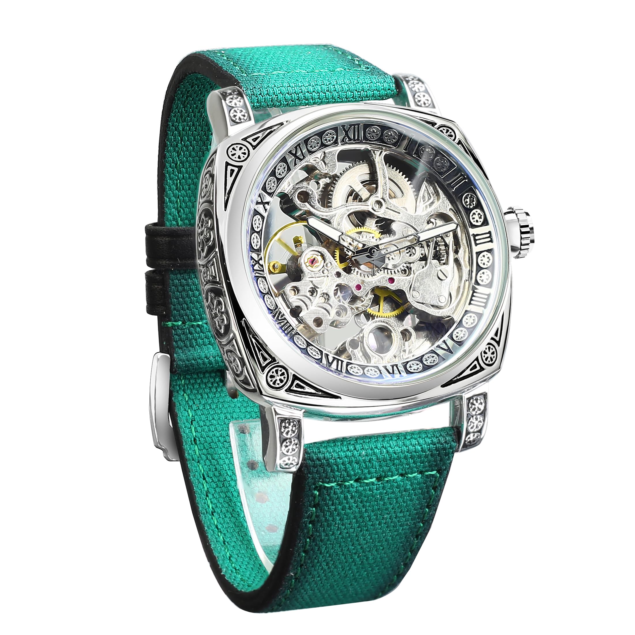 Source Factory（MOQ: 50 PCS）—Watches for Man Square Retro Mechanical Watch Self-Wind Carved Skeleton Automatic Watches Vintage Leather Strap Wristwatch