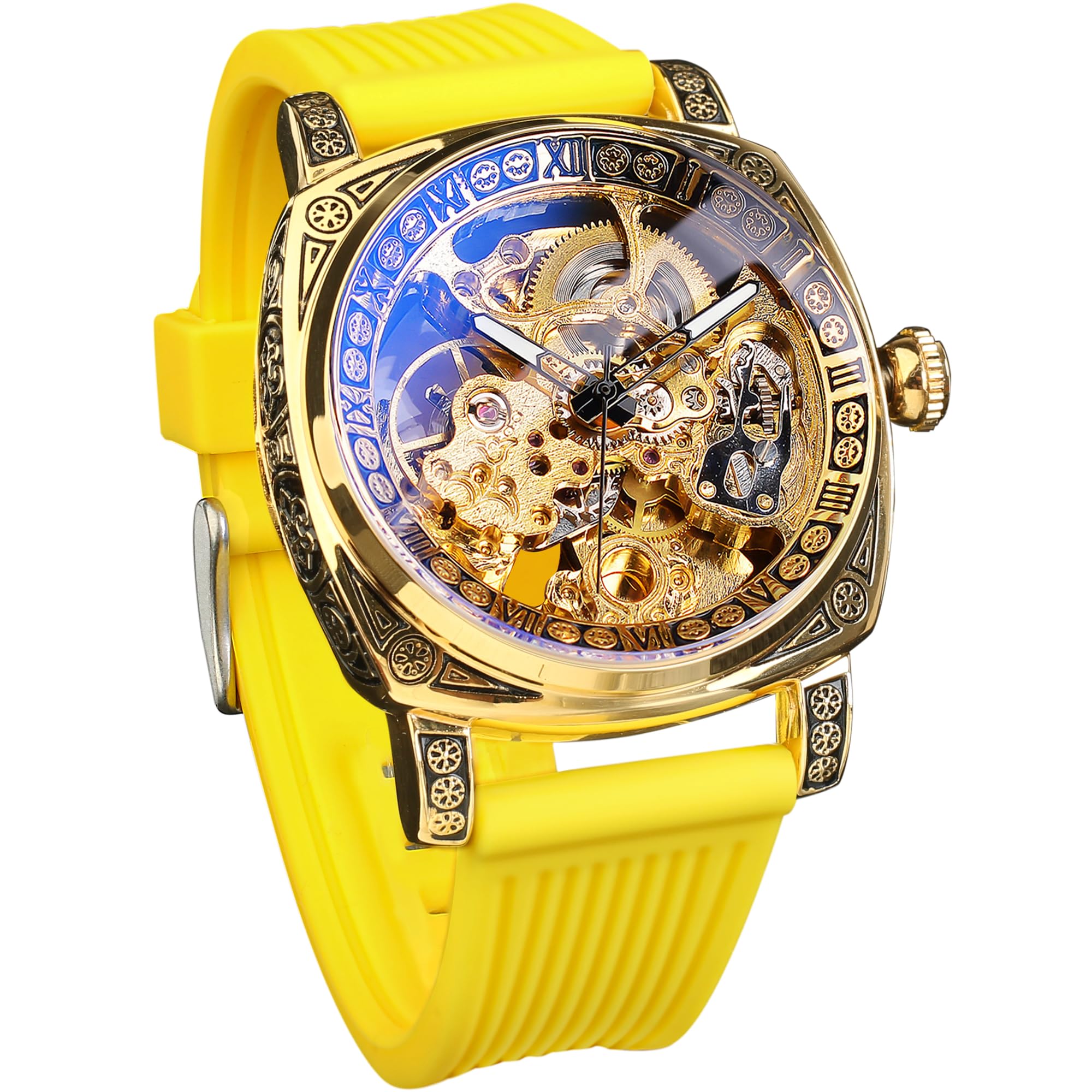 Source Factory（MOQ: 50 PCS）—Watches for Man Square Retro Mechanical Watch Self-Wind Carved Skeleton Automatic Watches Vintage Leather Strap Wristwatch