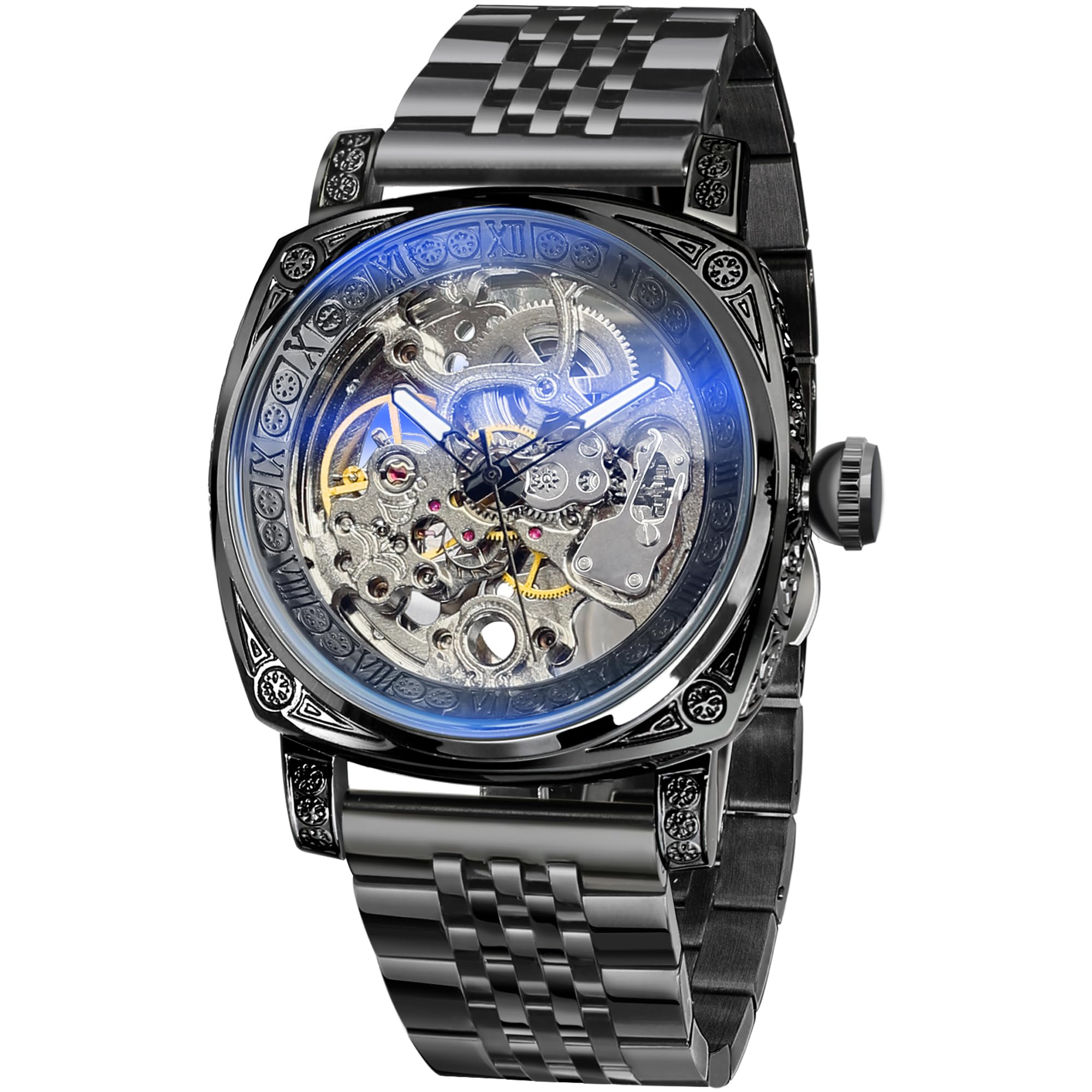 Source Factory（MOQ: 50 PCS）—Watches for Man Square Retro Mechanical Watch Self-Wind Carved Skeleton Automatic Watches Vintage Leather Strap Wristwatch